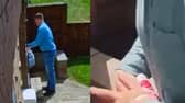 Tory canvasser removes Labour leaflet from letterbox.