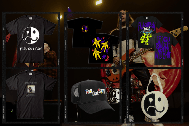 Could one of these Fall Out Boy items be for sale at Download Festival 2024 - including the glow-in-the-dark "UFO" shirt (top right) (Credit: Getty Images/Fall Out Boy/Canva)