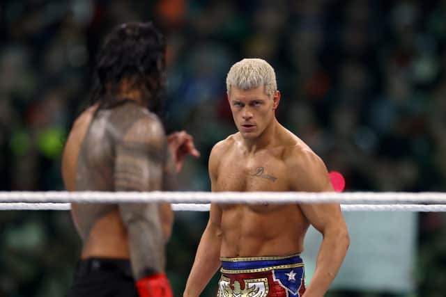 Cody Rhodes, pictured here challenging Roman Reigns at Wrestlemania in April 2024, is set to defend his Undisputed WWE Championship once more against AJ Styles in an "I Quit" match at WWE Clash at the Castle: Scotland (Credit: Getty Images)