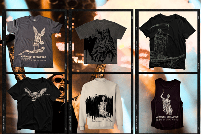 Several of Avenged Sevenfold's current merchandise could be available at the merchandise stalls at Download Festival 2024. Many of the designs reflect the artwork for the band's 2023 album, "Life Is But A Dream" (Credit: Getty Images/Avenged Sevenfold/Canva)