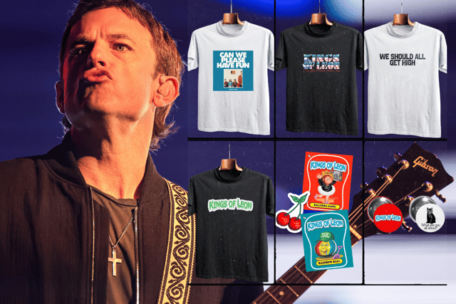 Some of the merchandise options that might be available during Kings of Leon's UK tour - including the Garbage Pail Kid-inspired merchandise (bottom row) (Credit: Getty/Kings of Leon)