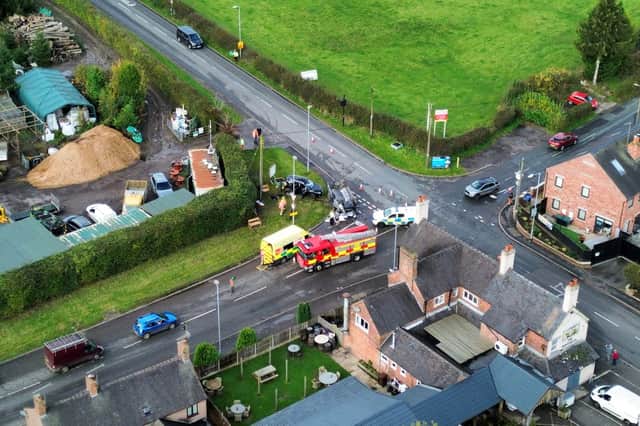 An aerial view of a crash scene at a dangerous junction in Cheadle, Staffordshire.