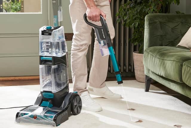 The pre-treatment wand mounts to the machine and is always ready to get started on stains