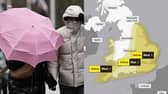 Stock image of a person walking with an umbrella and a Met Office map showing weather warning areas.