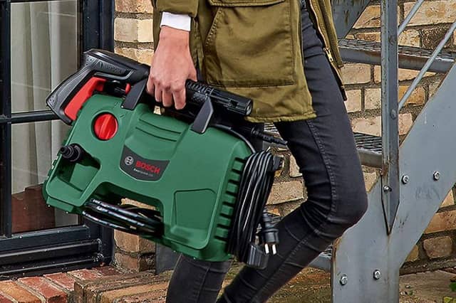The Bosch EasyAquatak 110 is compact and lightweight, making it easy to carry out for quick outdoor cleaning jobs.