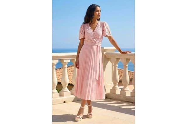 Pink lace detail wrap midi dress