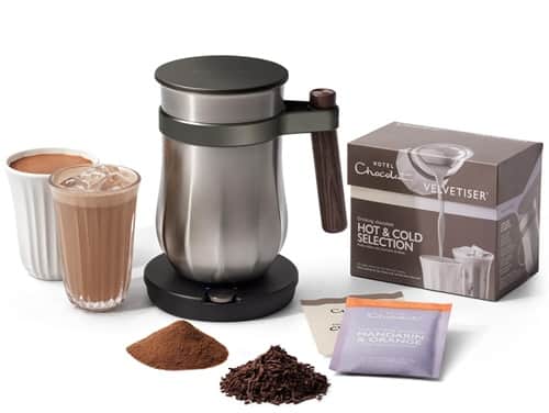 The new Hotel Chocolat Velvetiser comes with a selection of hot and cold chocolate sachets.