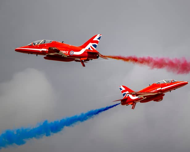 The Red Arrows perform at RAF Fairford during the Royal Military Air Tattoo on 15 July 2023 in Fairford, England.