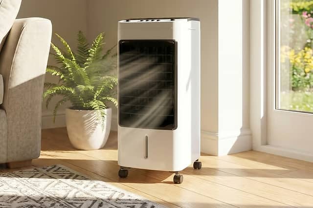 The Hirix portable air cooler has a 4L water tank, oscillation and an ice pack included