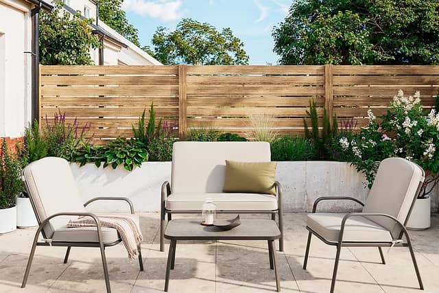 The Casima four-seater garden set combines comfortable seating with a stylish coffee table for a relaxed outdoor space.