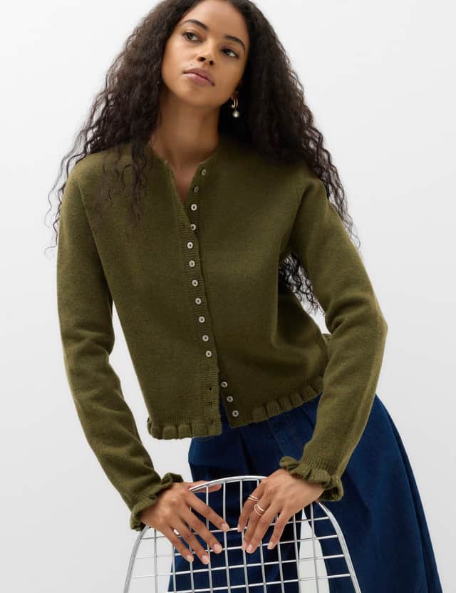 M&S Ruffle Crew Neck Cardigan. Pictured is the dark khaki colour.