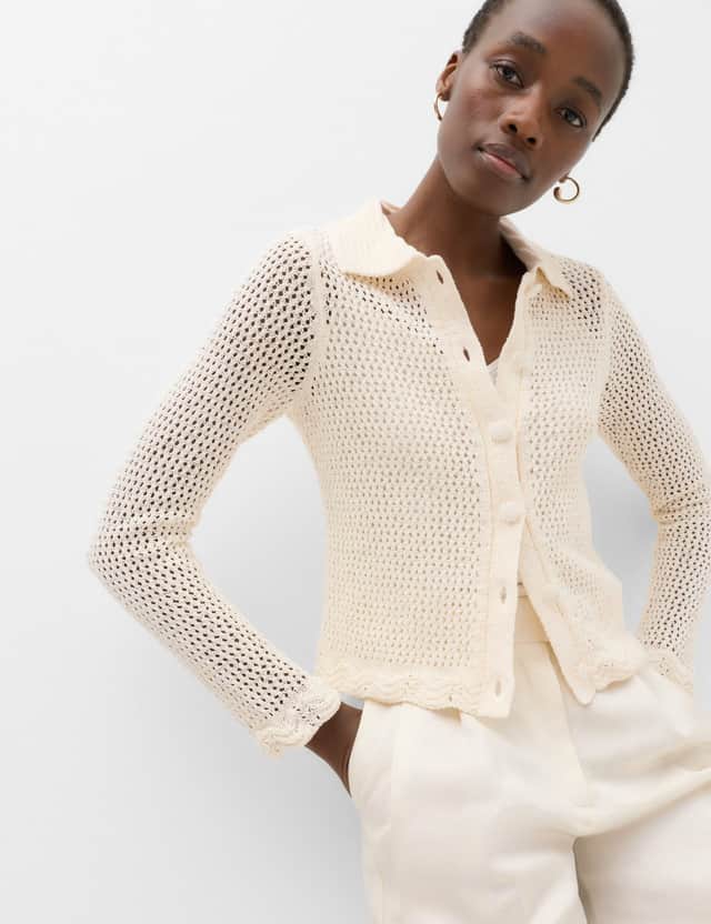Cotton Blend Crochet-Style Collared Cardigan by M&S