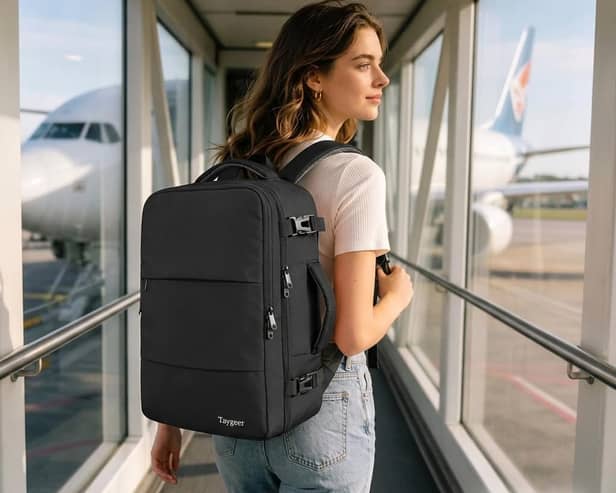 The Taygeer 40 x 30 x 20cm cabin backpack includes a separate shoe pouch, wet pocket and multiple storage compartments.