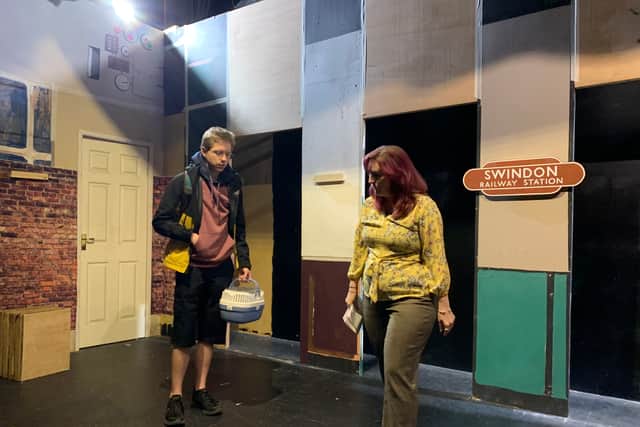 Rehearsal photo of 'Christopher Boone' played by Oliver Charman and 'Siobhan', played by Hannah Johnson