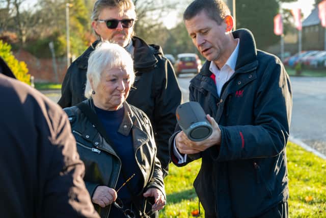 Police, Fire and Crime Commissioner Danielle Stone and Chief Constable Ivan Balhatchet look at the new speed monitoring devices