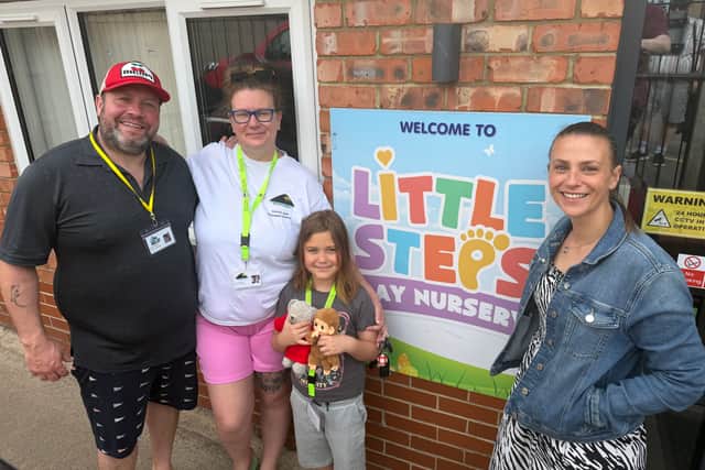 Pictured: Niven, Sara and Ails Whatley and Jenny, Manager at Little Steps day nursery. 