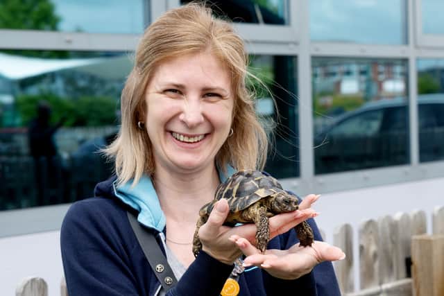 Vasilisa Lazareva with Lisa the tortoise.
