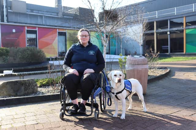 Megan and Lyra outside Crufts’ host venue, the NEC in Birmingham in March