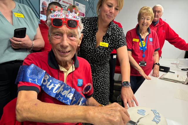 Volunteer Derek Warren, who celebrated his 90th birthday this week with his fellow volunteers at Northampton General Hospital.