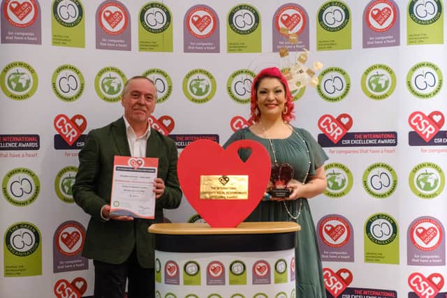 Daniella Paolozzi, Founder of Pen Written Post, accepting the Gold Award for Sustainable Communications.