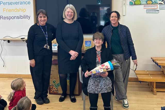 Dawn Higgs receives praise and presents in honor of her 32 Year long commitment to Staverton Primary