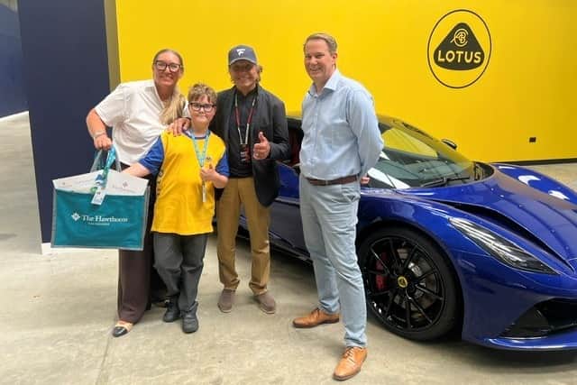Sarah-Lou, with her son, Emerson, Emerson Fittipaldi and Matthew Haskins, Director of Woodcote and Copse.