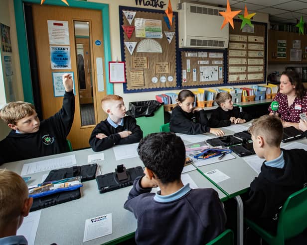 Rebecca answers questions from students from Washacre Primary Academy