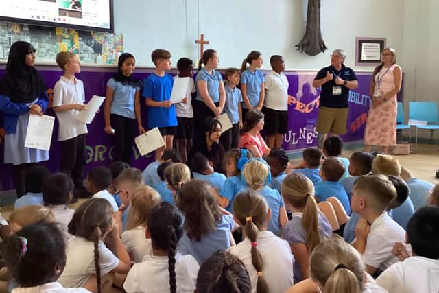 Tanya Wing, Director of WingHandsBSL, congratulates pupils on their BSL Level 1 success, with CSW Catherine Malin
