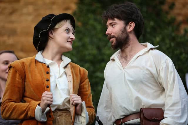 Caitie Pardoe as Rosalind and James Burgess as Orlando in Masque Theatre's As You Like It.