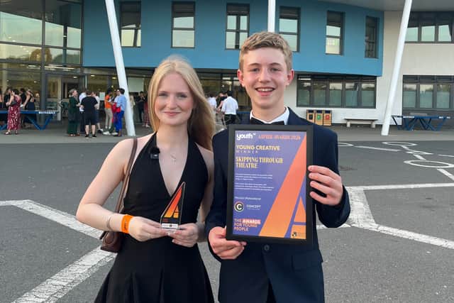Nathan Hargreaves and Maddie Thornton celebrate winning the YouthTV Young Creative Award for their podcast, Skipping Through Theatre.
