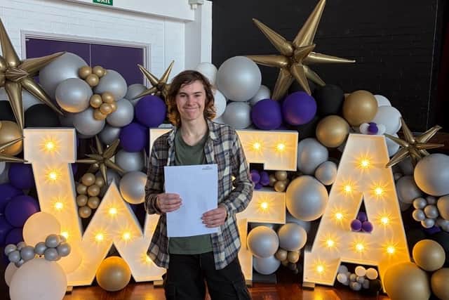 Fionn Ritchie receiving A Level results at Weston Favell Academy today