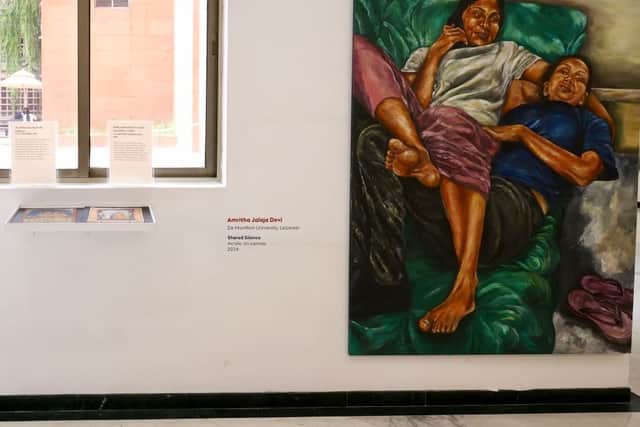 British Council exhibition image Amritha Jalaja Devi’s selected artwork, Shared Silence (2024), presented at the British Council Study UK Creative Connections 2026 exhibition in New Delhi.
