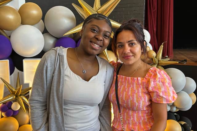 Debbie Adeleye celebrating GCSE results with teacher, Miss Annab at Weston Favell Academy