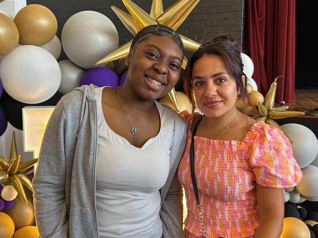 Debbie Adeleye celebrating GCSE results with teacher, Miss Annab at Weston Favell Academy