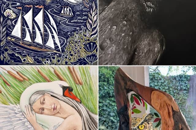 clockwise from top left: the artwork of Jamie Poole, Edward Ikin, Carrie Yuen, Angela Hooton