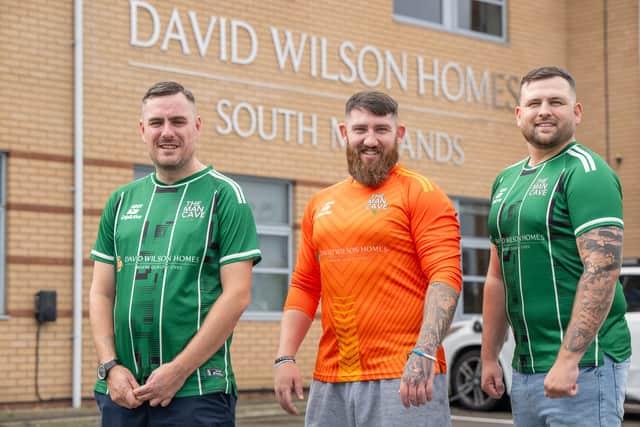 DWSM - SGB-12445 - Mancave UK members outside David Wilson Homes South Midlands' head office