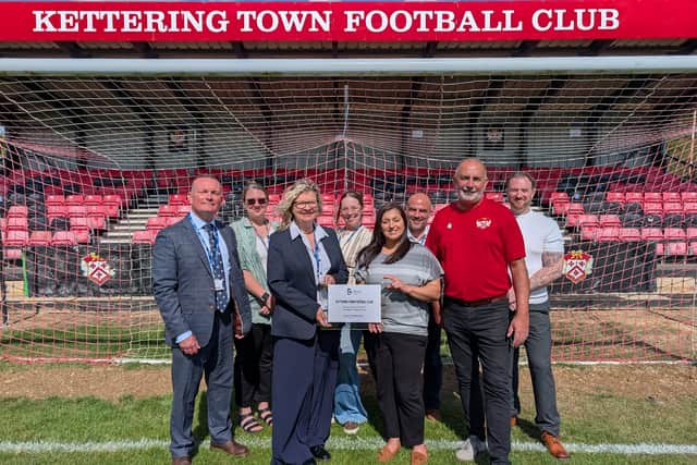 (Left to right) Mark Hughes, Tresham College Interim VP – Rachel Roberts, Partnership Manager - Nadiya Akhtar, Co-owner of Kettering Town Football Club - Paul Arnold, Kettering Town Club with other staff from Tresham College.