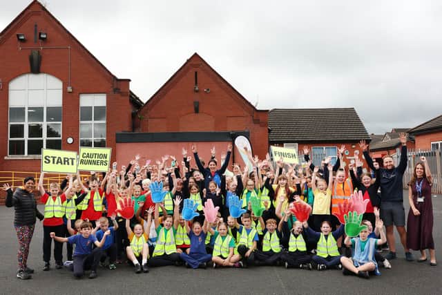 Eve Murihead joins students at Thatto Heath community primary school to celebrate one year of parkrun primary