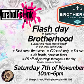 Marshall’s Ink in Wellingborough is hosting a £20 tattoo flash day on 7 November to support Brotherhood Men’s Groups CIC and raise awareness of men’s mental health.
