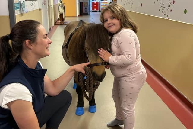 Lucia Pidgeon with Mungo and one of the hospital patients.