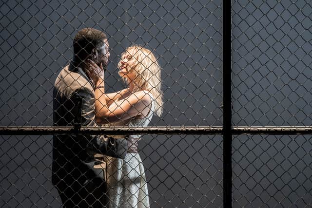 Othello (Dwane Walcott) and Desdemona (Phoebe Smyth)