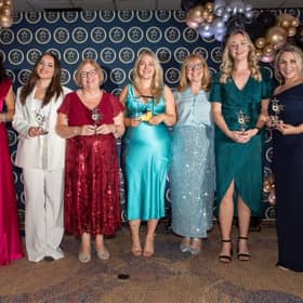 Zeynep Guzelkasap won Best Female Leader at the Best Businesswomen Awards 2026. Zeynep is pictured centre in blue, with sponsor Mary Gregory next to her on the right, and the rest of the Best Female Leader finalists