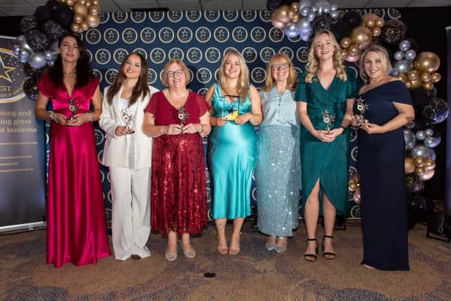 Zeynep Guzelkasap won Best Female Leader at the Best Businesswomen Awards 2026. Zeynep is pictured centre in blue, with sponsor Mary Gregory next to her on the right, and the rest of the Best Female Leader finalists
