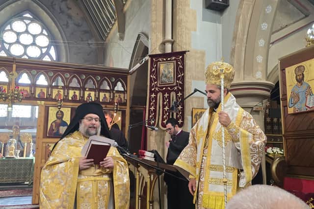 Fr Gregory Wellington and Bishop Maximos of Melitene during Divine Liturgy at St Neophytos church in Upton