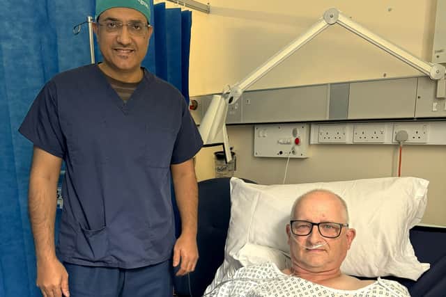 Mr Jamil Ahmed, consultant colorectal and robotic surgeon with his patient Adrian Sample after the live-streamed surgery
