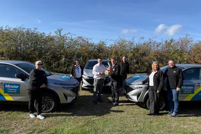Pic shows the Minster Cleaning team, director Nick Barber, operations manager Cristina Budusan and area supervisors Vilija, Bogdan and Marcel, collecting their new vehicles from Tom Bailey and Mandy Colby at Silverstone Leasing