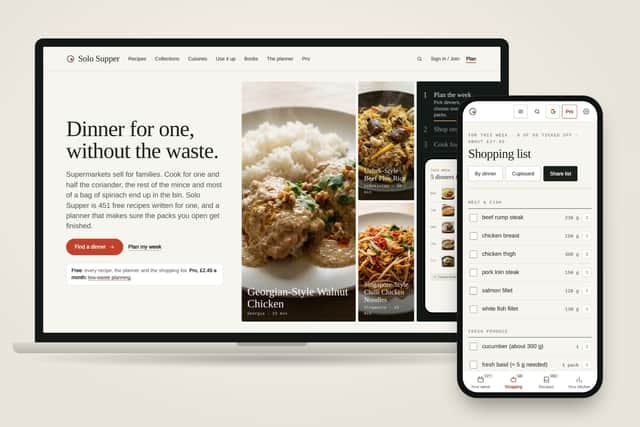 Solo Supper has 451 free recipes written for one, and a shopping list that plans the week so nothing goes to waste.