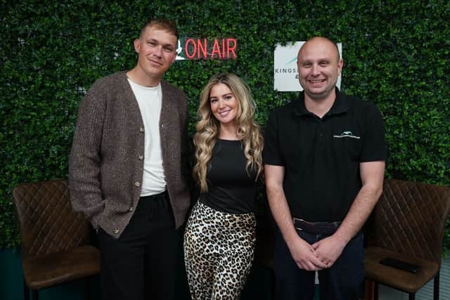 The podcast studio set up in Northampton, Daniel Crask left, Chanelle Bradshaw middle, Paul Bone right