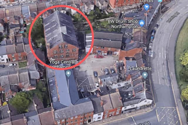 The former factory is circled in red, pictured in relation to St Michael's Road and Kettering Road