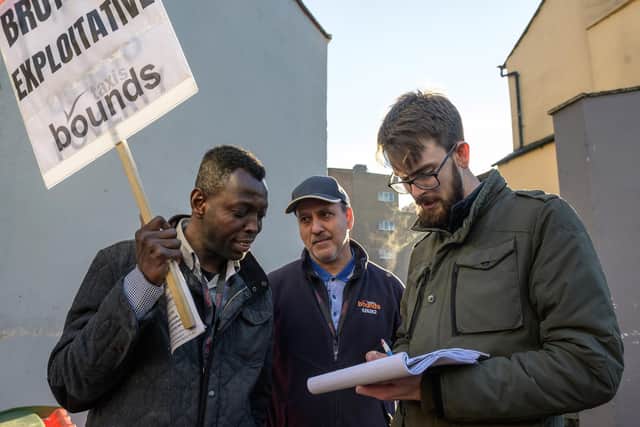 Two drivers, Mr Samuel Adjei (left) and Mr Shafqat Shah (centre), are taking Bounds to court for workers' rights.
